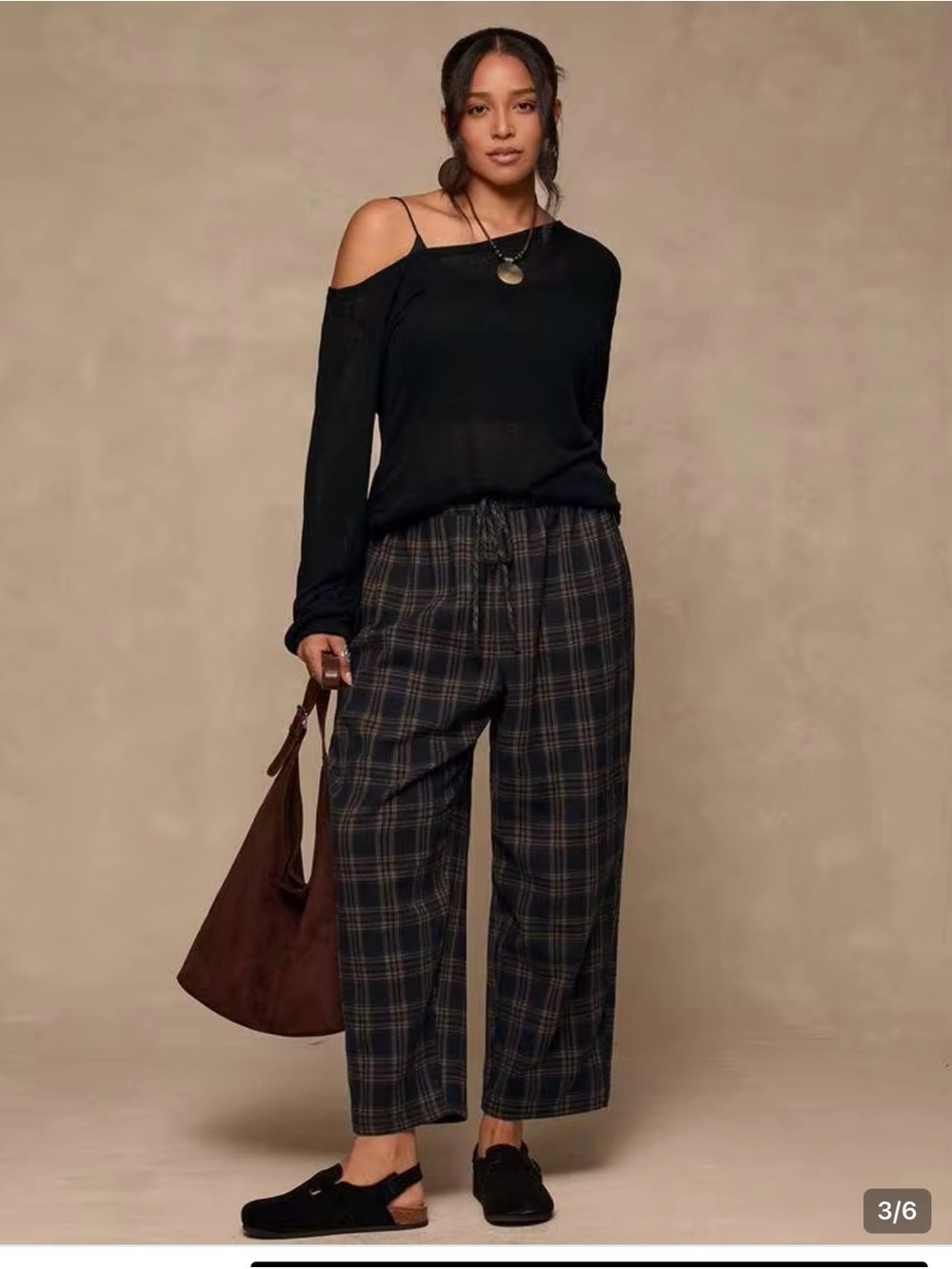 Lost + Wander Black Plaid Flowy Pants with Elastic Waist and Tie Size M